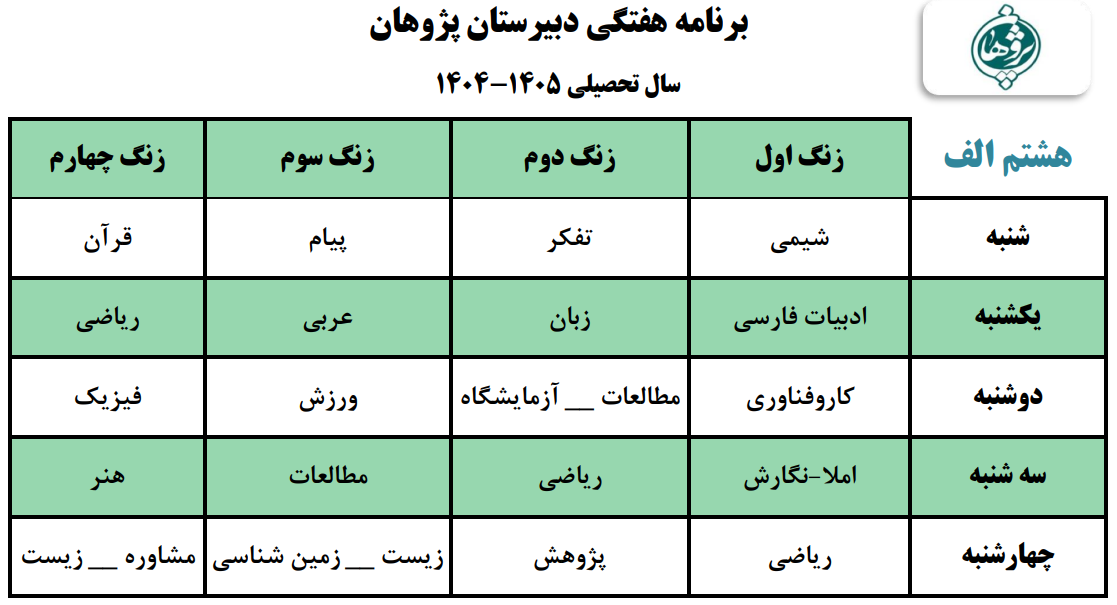 برنامه هفتگی متوسطه اول پایه هشتم