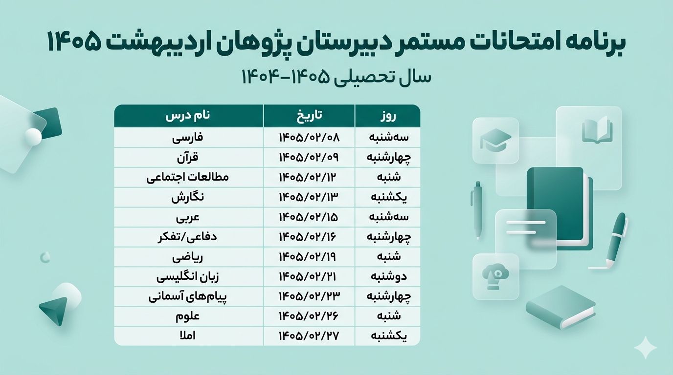 برنامه امتحانات مستمر دبیرستان پژوهان اردیبهشت 1405