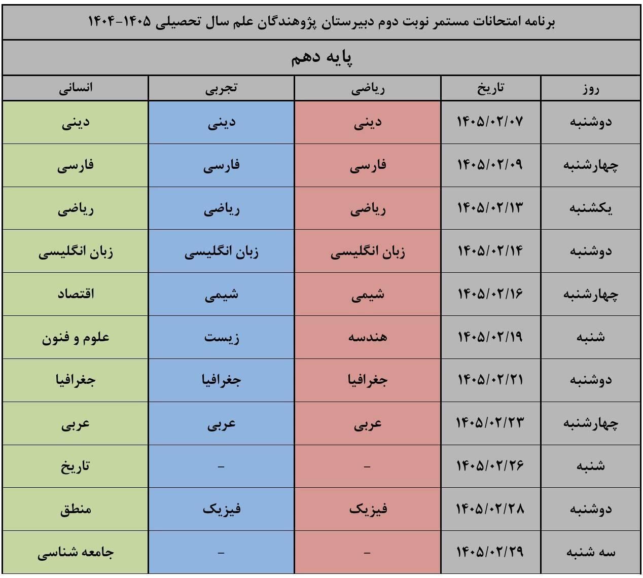 برنامه امتحانات مستمر پایه دهم دبیرستان پژوهندگان علم اردیبهشت 1405