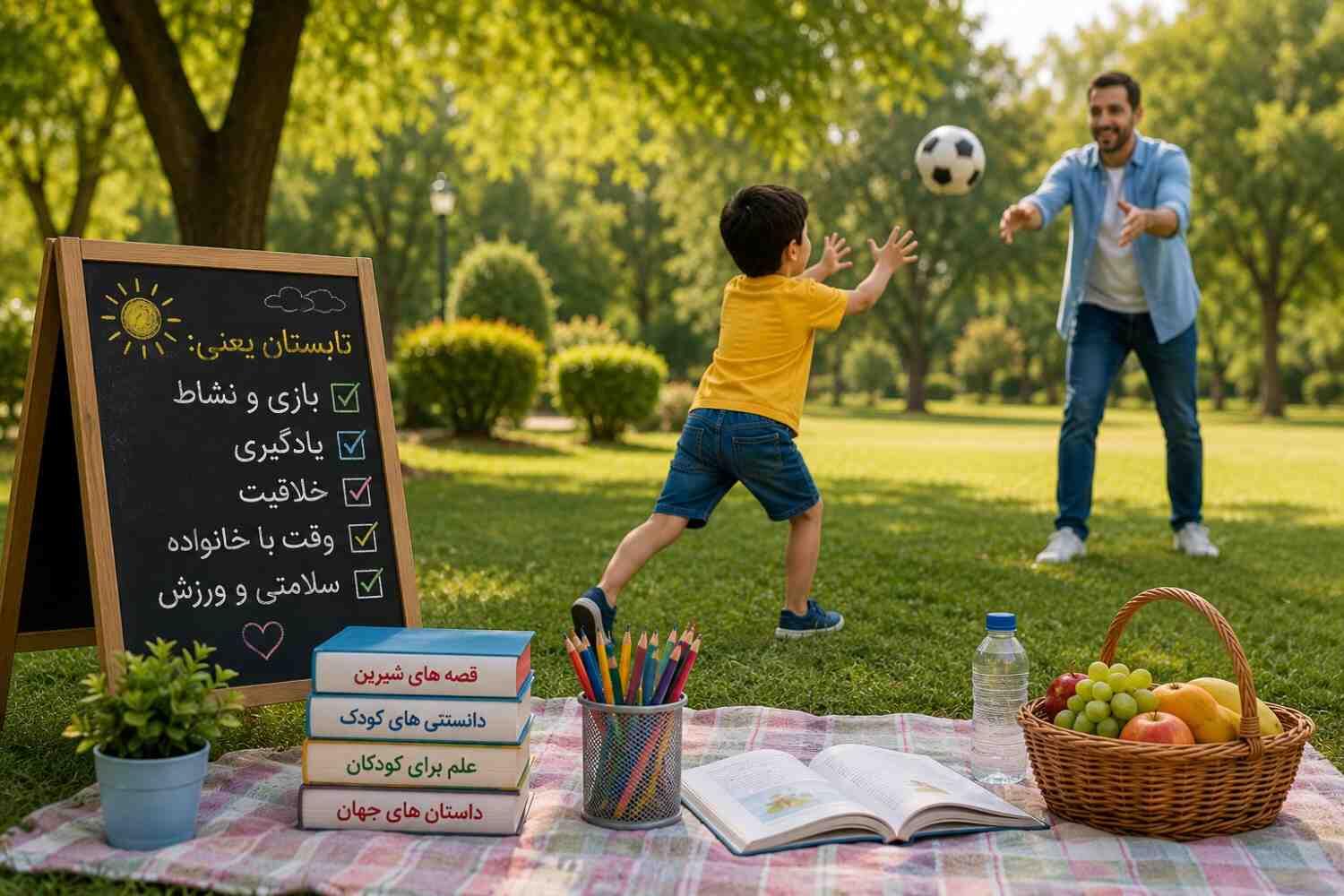 پدر و کودک در حال بازی با توپ و کتاب خواندن در پارک